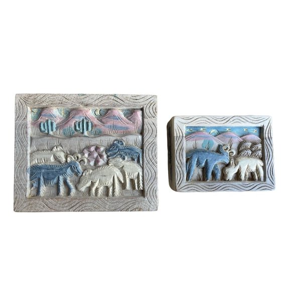 Carved Trinket Box set of 2 cactus safari mountains desert Tiawan - Picture 1 of 12